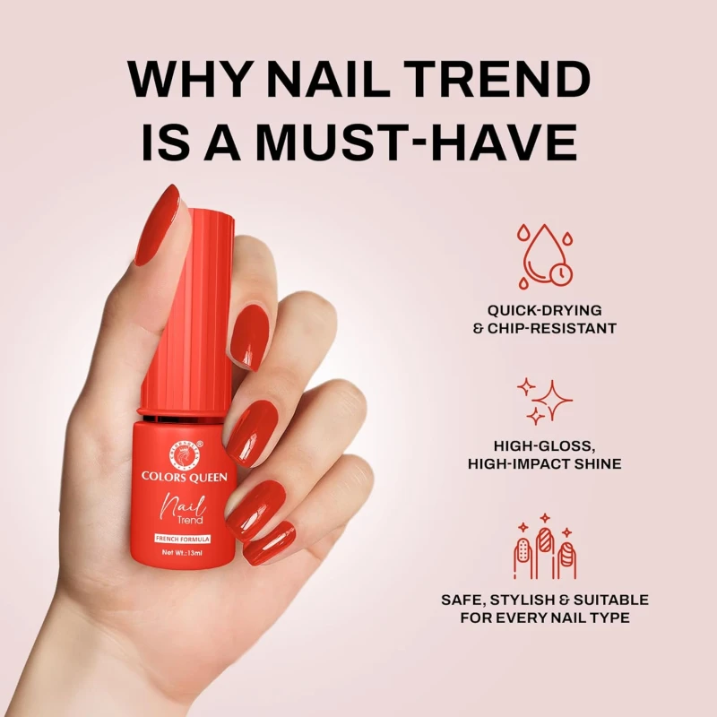 Colors Queen Nail Trend Glossy Nail Polish | Chip Resisting & Quick Drying Nail Paint with High Shine | 7 Toxin Free Formula | Vegan & Cruelty Free | Long Lasting & Vibrant Nail Paint for Women (Fire Brick, 13ml) thumbnail 4